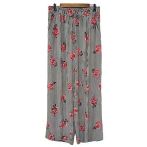 Joe B By Joe Benbasset Black Striped Floral Elastic Waist Wide Leg Pants